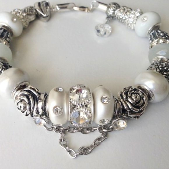 Hand Crafted Jewelry - European Style Silver Plated Snake Chain Bracelet with Beads,9",Lobster Closure